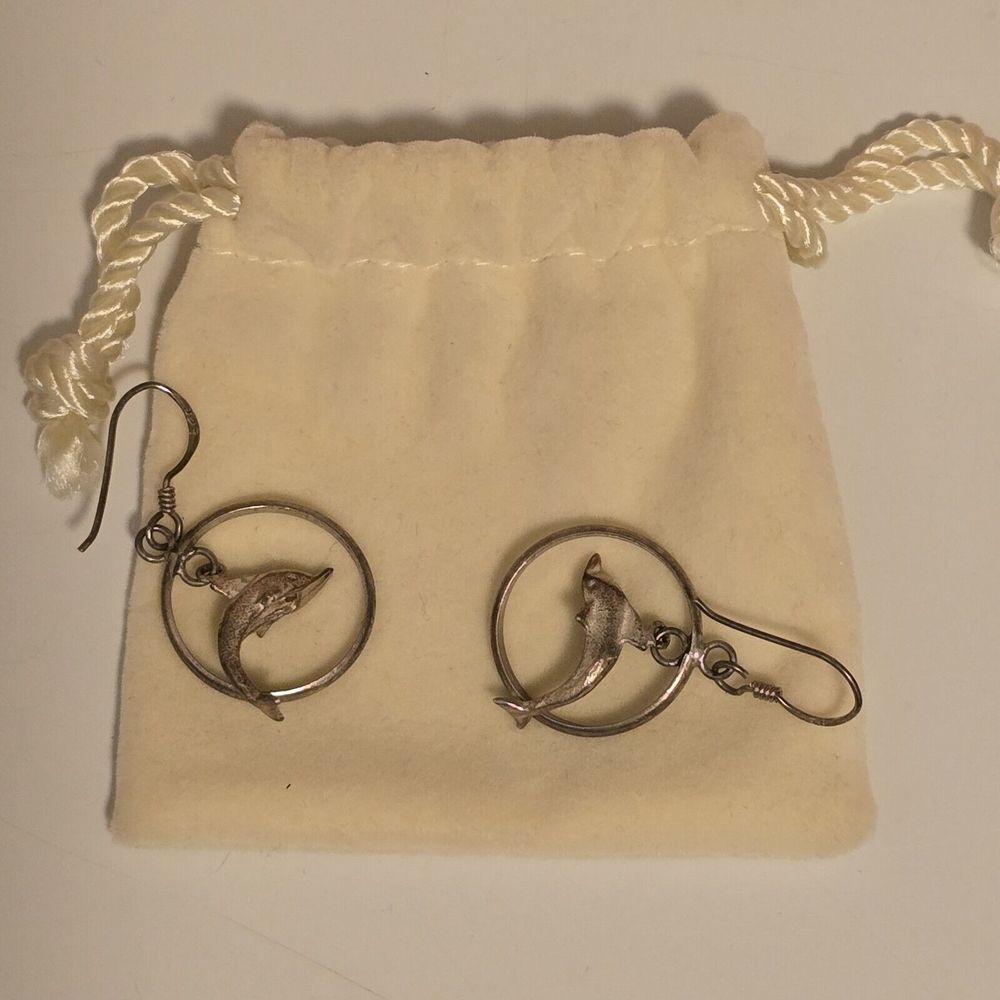 Vintage 925 Sterling Silver Dolphin Hoop‎ Dangle Earrings